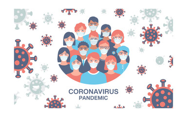 Diverse Group Wearing Masks During Coronavirus Pandemic with Virus Cells Illustration