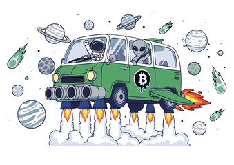 Green Space Van with Astronaut Alien Bitcoin Logo and Rocket Boosters.