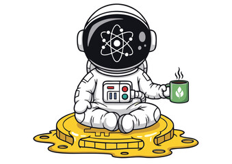 Cartoon Astronaut Meditating with Coffee on a Golden Coin Relaxed Pose.