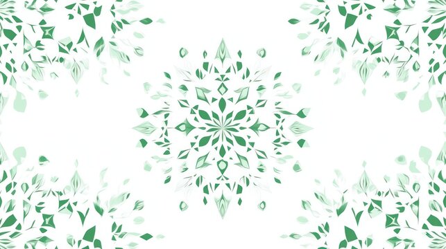 Seamless green floral pattern with mandala-like designs on white background.