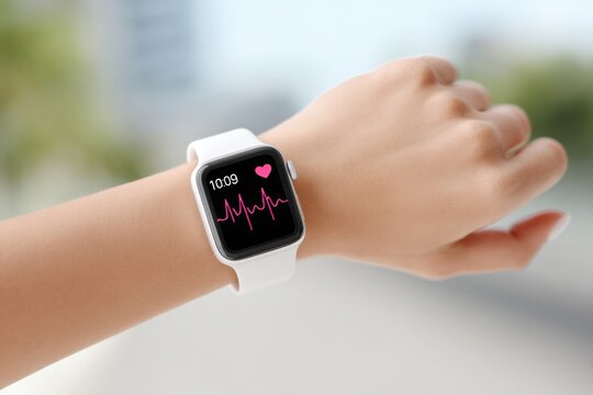 Woman wearing smartwatch displaying heartbeat on screen
