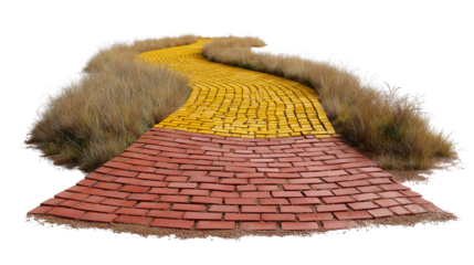 Yellow Brick Road Curving Through Grass on Transparent Background

