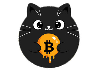 Cartoon Black Cat Holding Dripping Bitcoin Digital Art.