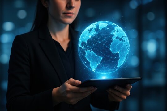 Global Vision: A businesswoman holds a holographic globe above a digital tablet, symbolizing global connectivity and innovation, perfect for concepts about technology and the future.