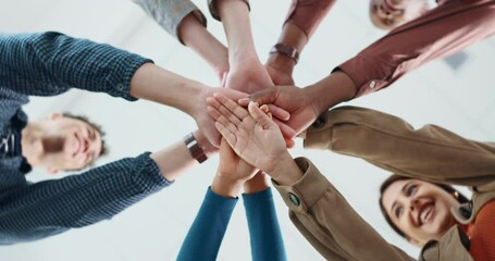 Low angle, hand pile and business people in office for teamwork, collaboration and support. Community, startup company and workers in circle for solidarity, cooperation and partnership synergy - Powered by Adobe