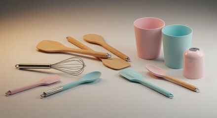 Colorful Cooking Utensils and Kitchenware in Soft Tones on Table