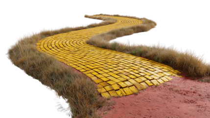 Yellow Brick Road Curving Through Grass on Transparent Background

