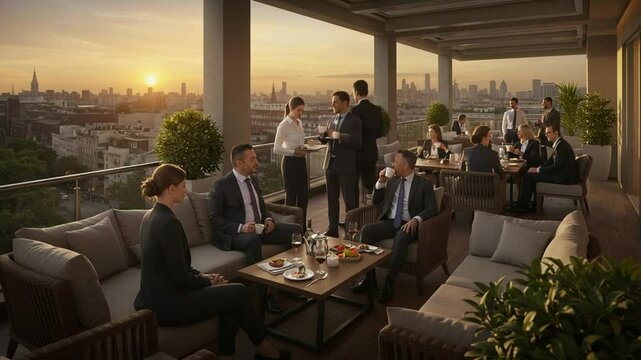 Rooftop Business Meeting at Sunset: Elegant Corporate Gathering with City Views and Sophisticated
