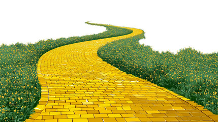 Yellow Brick Road Through Green Grass with Flowers on Transparent Background

