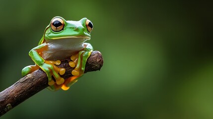 Fototapeta premium A vibrant photo showcases a tree frog perched on a branch against a lush green background.