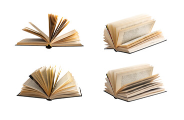 Fototapeta premium Book collection with open hardcovers. Pages turning, side view of antique novels, textbooks and