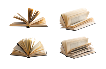 Book collection with open hardcovers. Pages turning, side view of antique novels, textbooks and