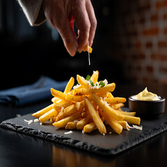 Golden Fries Delight: A close-up shot showcases a generous serving of perfectly golden french fries, freshly prepared and exquisitely seasoned with herbs, cheese, and sauces.