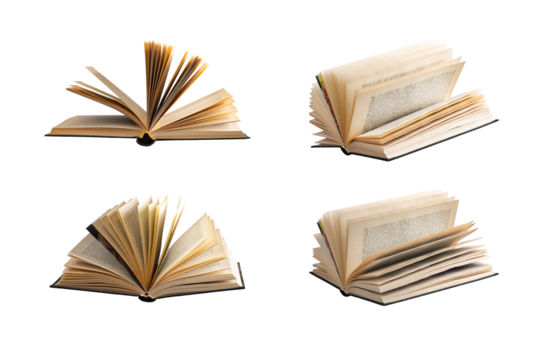 Book collection with open hardcovers. Pages turning, side view of antique novels, textbooks and