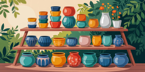 Colorful ceramic pots and vases displayed on wooden shelves with plants