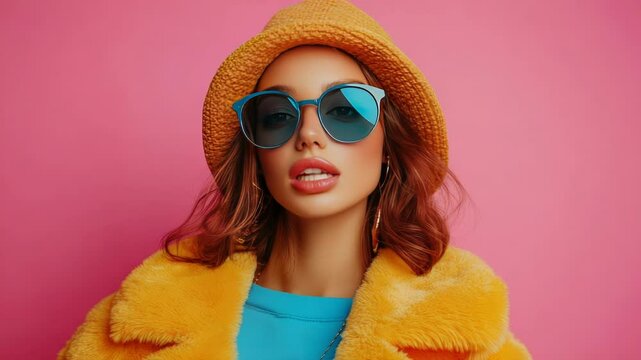 Stylish young woman in winter fashion with a fluffy fur coat ,oversized sunglasses posing on the a vibrant pink background, showcasing modern aesthetics ,confident self-expression.