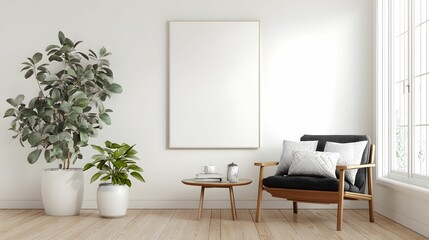 Serene interior featuring a minimalist aesthetic, illuminated by natural light streaming through a window. A comfortable chair is placed in the corner alongside two potted plants and an empty frame.