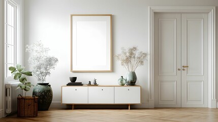 Serene Scandinavian interior showcasing a blank frame above a minimalist cabinet adorned with decorative vases, evoking a sense of calm and modern elegance through its clean lines and neutral palette.