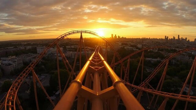 Epic Roller Coaster Ride at Sunset: Feel the Thrill and Excitement with breathtaking views