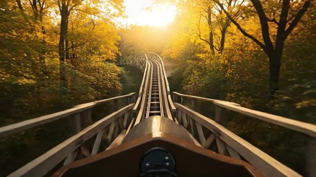 Experience the Thrill: First-Person View of a Wooden Roller Coaster Ride in Autumn Foliage