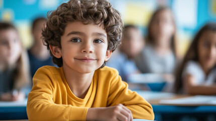 Smiling boy in yellow shirt sitting in classroom