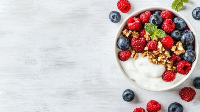 Delicious and healthy smoothie bowl topped with fresh raspberries, blueberries, walnuts, and a sprig of mint, offering a nutritious and visually appealing breakfast or snack option