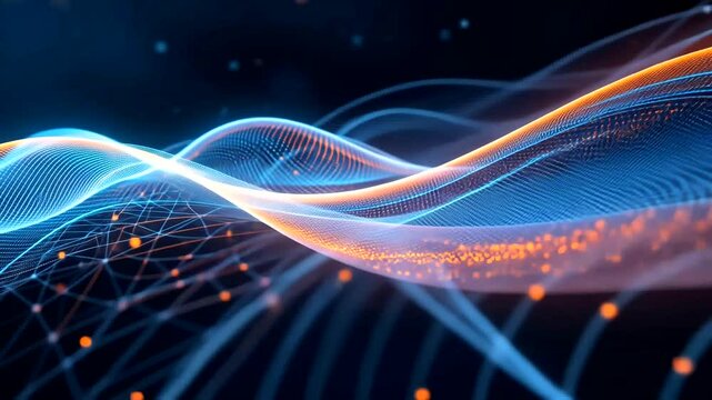 Abstract waves of blue and orange data flow with glowing particles