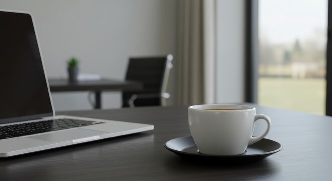 Laptop and a cup of coffee for remote work and education in a minimalist office workspace near the window