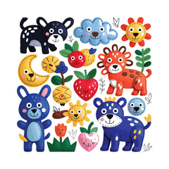 Fototapeta premium Cute cartoon animals and objects with stitched texture