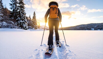 Woman snowshoeing in winter wonderland