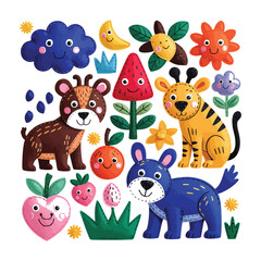 Naklejka premium Cute cartoon animals and nature elements with happy faces