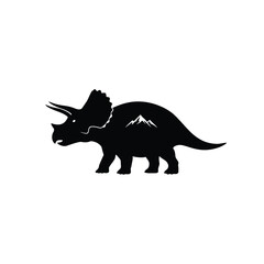 Black silhouette of a Triceratops dinosaur with mountains inside on white background