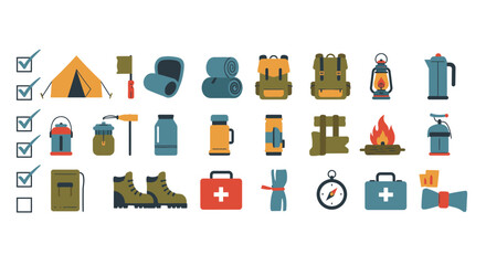 Camping and Hiking Gear Icons: Tent, Backpack, Boots, and First Aid Kit