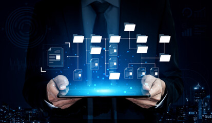 Digital file structure showing folder organization, file hierarchy, and document arrangement. File...