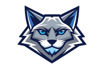 Cartoon wolf head is presented in grey and blue with sharp edges on white