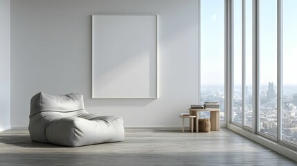 Serene interior featuring a white beanbag chair set against a bright, minimalist room with a large blank canvas on the wall, inviting relaxation and contemplation, with a breathtaking cityscape