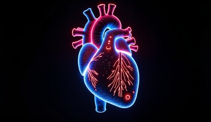 Glowing neon human heart with detailed anatomy in red and blue light. Digital medical illustration perfect for healthcare, cardiology and science concepts.