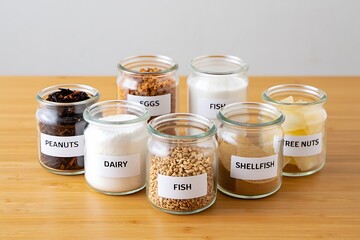 Seven Jars Filled With Various Ingredients Showing Allergen Information On Labels