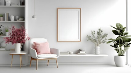 Serene and minimalist interior featuring a comfortable white chair accented with a soft pink pillow, framed by lush greenery, soft lighting and a blank frame, evoke a sense of calmness and modern