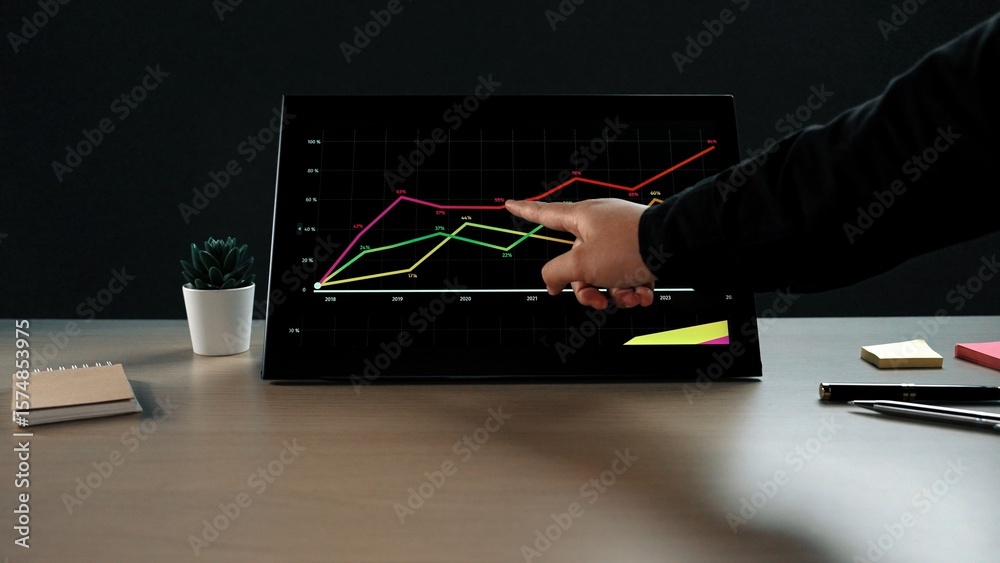 Poster a businessperson interacts with a touchscreen device displaying colorful data graphs in a stylish of