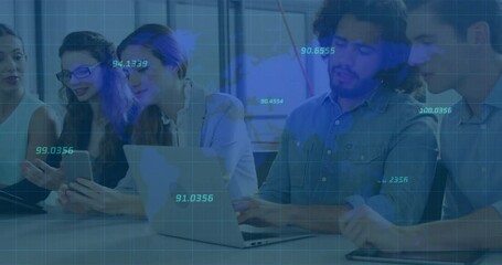 Office team tilting smartphone, sharing files as digital overlay shows analytics guiding meeting - Powered by Adobe