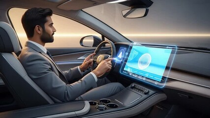 Young man smiling while driving a car, a businessman on the road in his vehicle, people safely traveling by automobile, a person with hands on the steering wheel, a woman talking inside a car, a drive