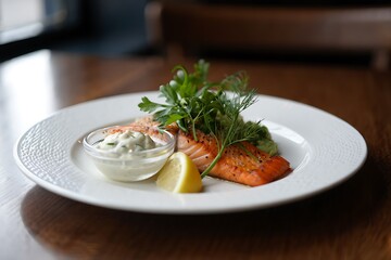 Deliciously Pan Seared Salmon Fillet Served With Creamy Dill Sauce And Fresh Lemon Wedge