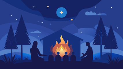 Silhouettes of people gathered around a campfire at night under a starry sky in the forest