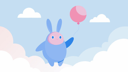 Cute blue cartoon bunny flying in the sky with a pink balloon among white clouds