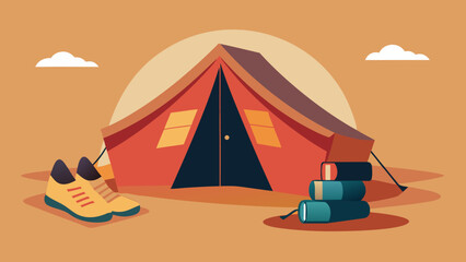 Camping tent with boots and backpacks in front of a sunset in flat vector style