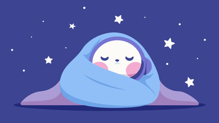 Cute cartoon character sleeping peacefully wrapped in a blanket under starry night sky