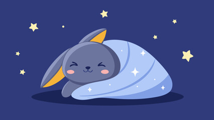 Cute dark bunny sleeping under a starry night sky wrapped in a sparkling blue blanket