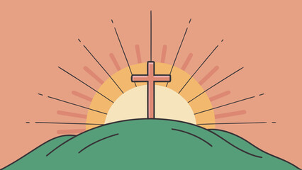 Christian cross on a hill with sunrise and rays of light in minimalist flat style