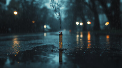 A single cigarette smoldering in the rain on pavement, with smoke mixing into the misty air, melancholic feel